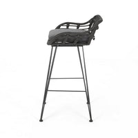 Outdoor Barstool Chair Set of 2, Low Back Woven Design, Gray and Black - BM323887