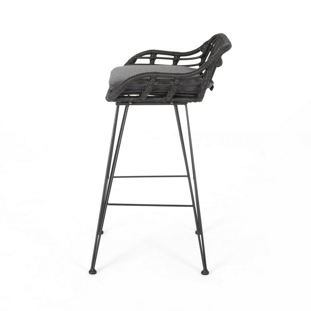 Outdoor Barstool Chair Set of 2, Low Back Woven Design, Gray and Black - BM323887
