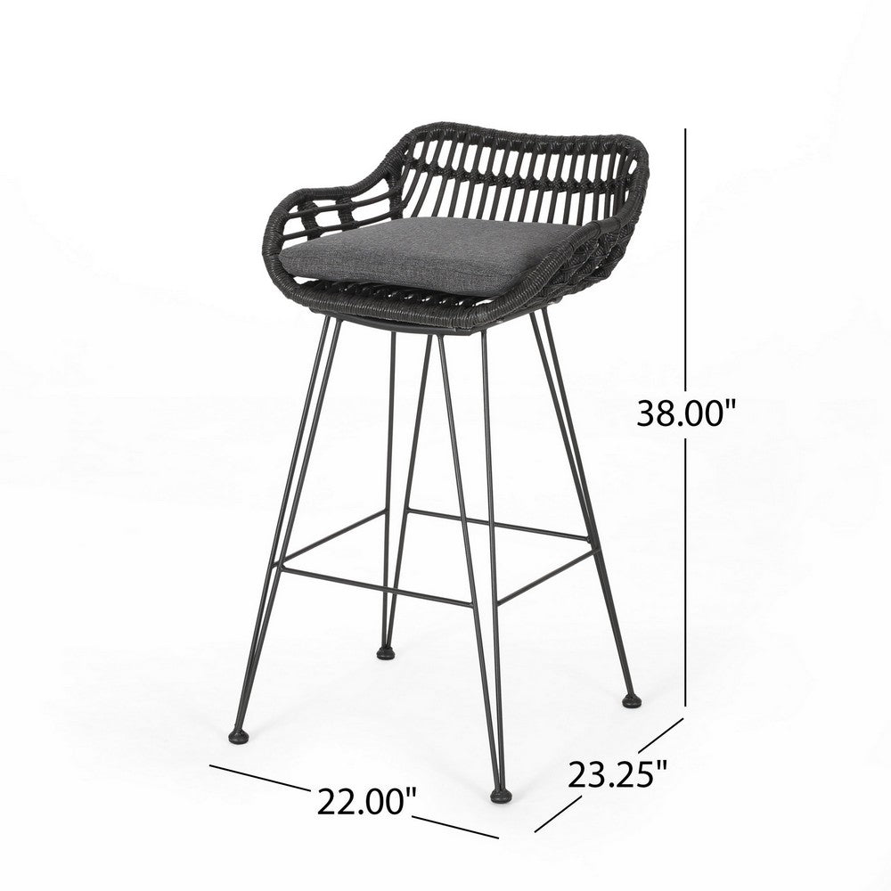 Outdoor Barstool Chair Set of 2, Low Back Woven Design, Gray and Black - BM323887