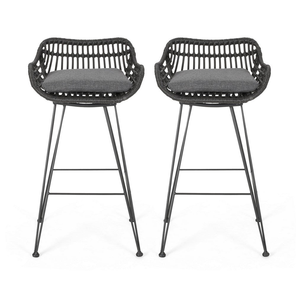 Outdoor Barstool Chair Set of 2, Low Back Woven Design, Gray and Black - BM323887