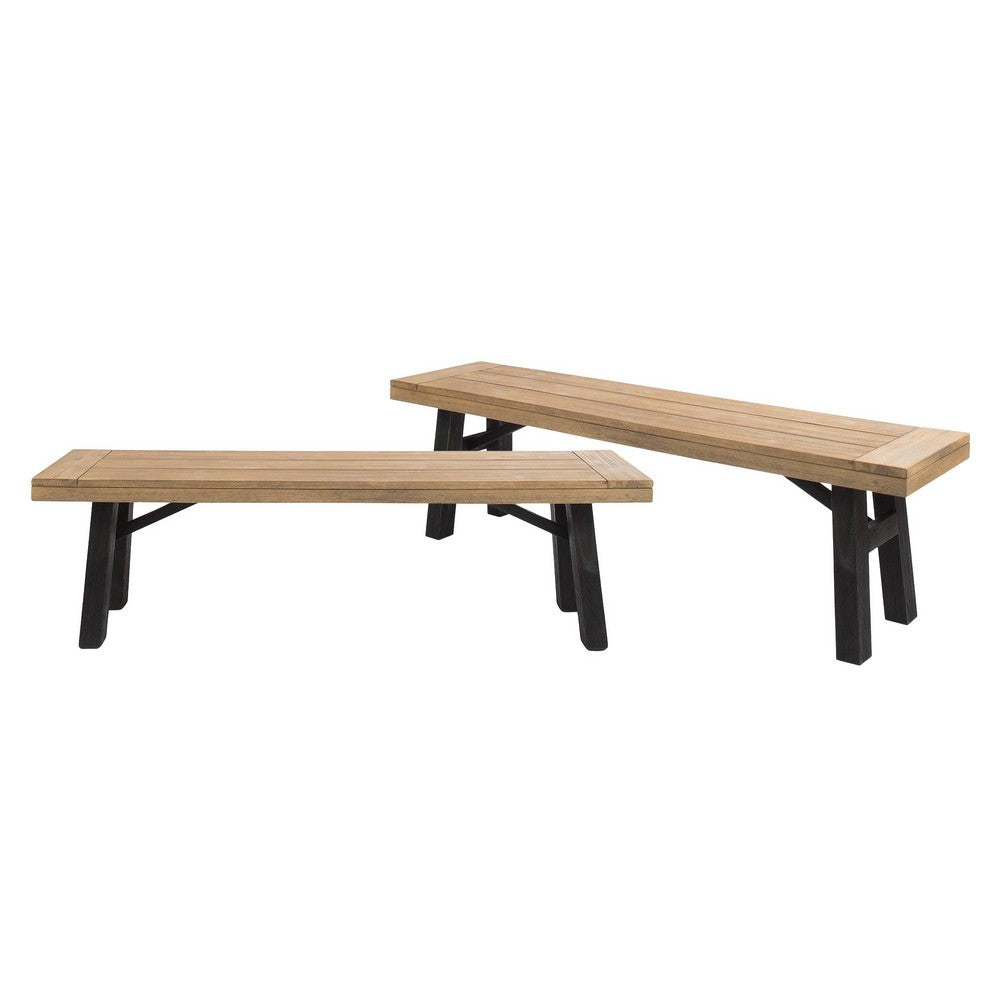 Wren Outdoor Bench Set of 2, Slat Panel, 63 Inch Brown Acacia Wood - BM323892