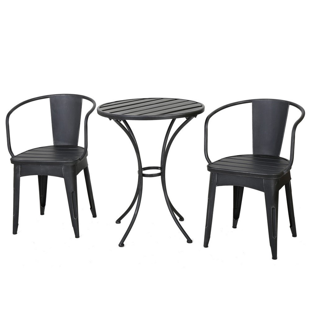 Rune Outdoor Bistro Set, 2 Chairs, Round Slatted Table, Black Iron - BM323893