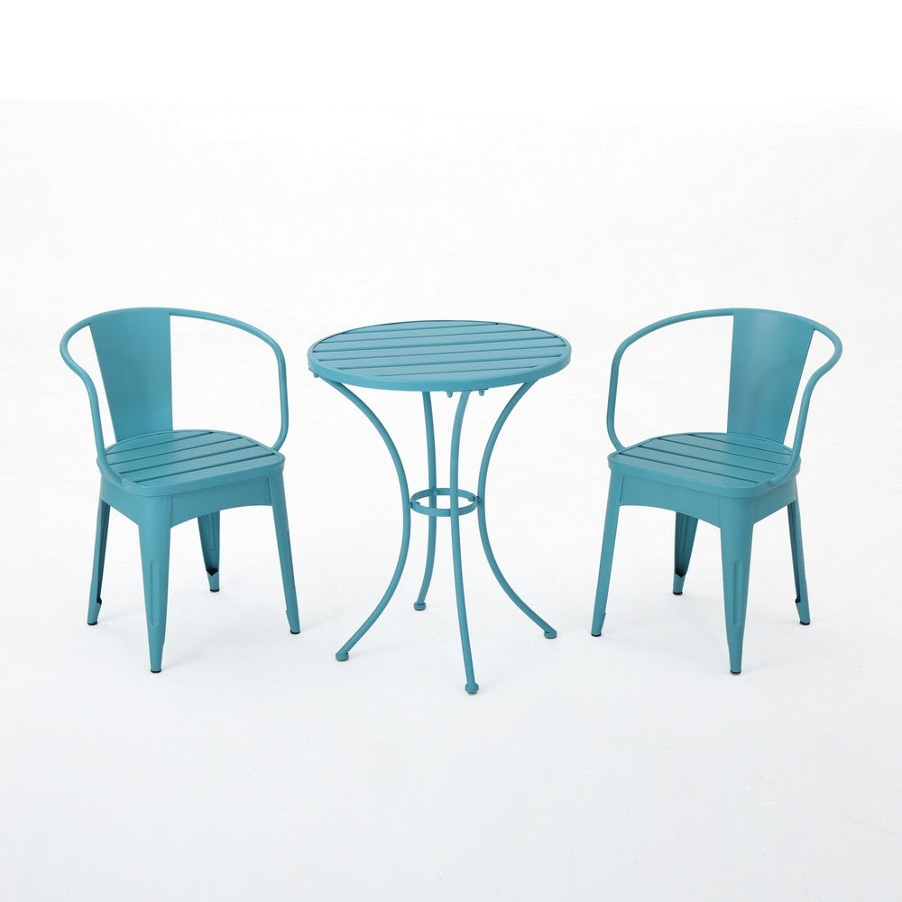 Rune Outdoor Bistro Table Set, 2 Chairs, Round Slatted, Teal Blue Iron - BM323894
