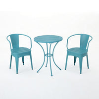 Rune Outdoor Bistro Table Set, 2 Chairs, Round Slatted, Teal Blue Iron - BM323894