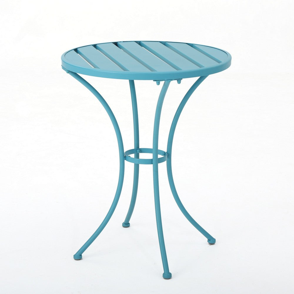 Rune Outdoor Bistro Table Set, 2 Chairs, Round Slatted, Teal Blue Iron - BM323894