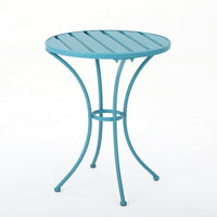 Rune Outdoor Bistro Table Set, 2 Chairs, Round Slatted, Teal Blue Iron - BM323894