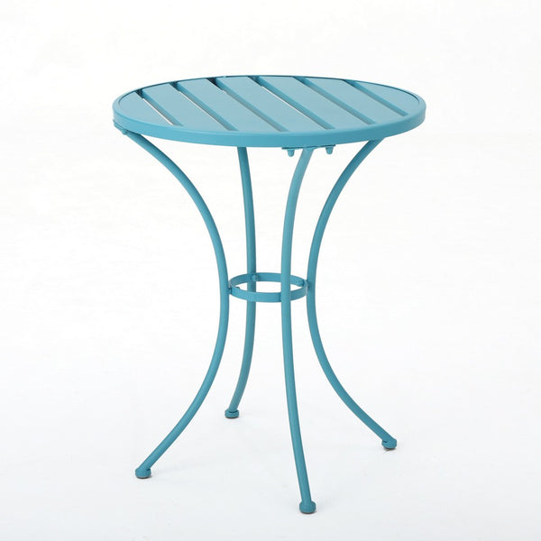 Rune Outdoor Bistro Table Set, 2 Chairs, Round Slatted, Teal Blue Iron - BM323894