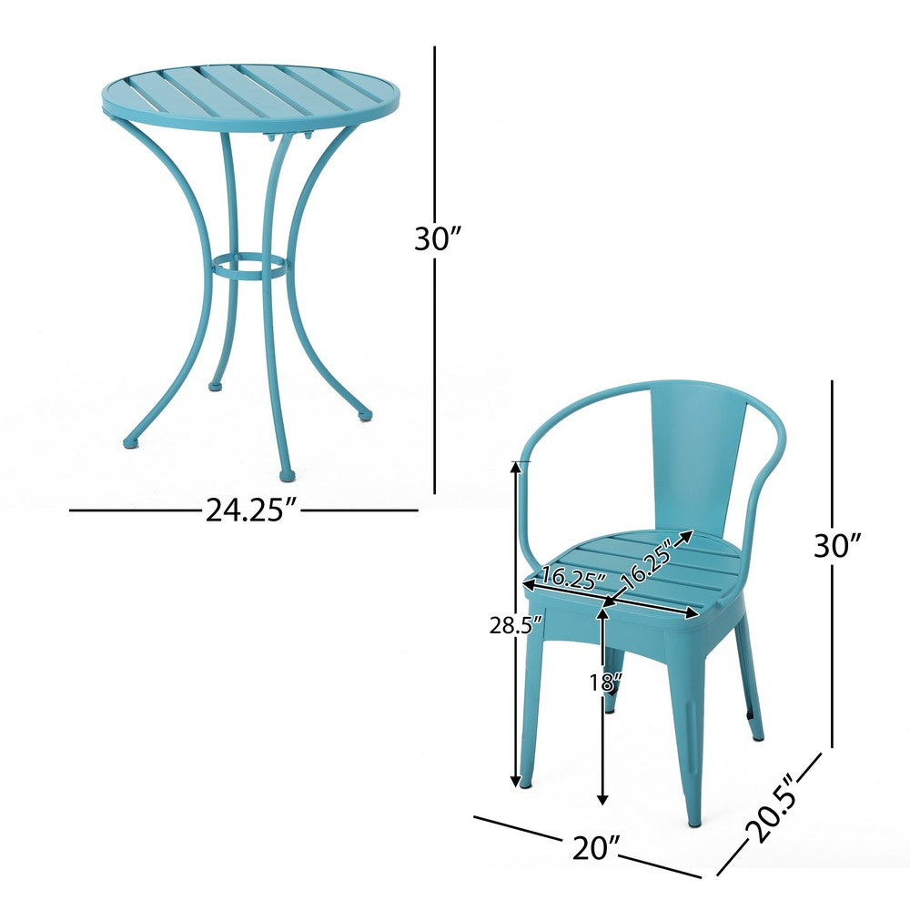 Rune Outdoor Bistro Table Set, 2 Chairs, Round Slatted, Teal Blue Iron - BM323894