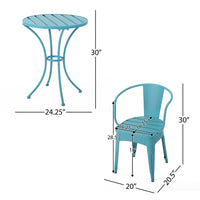 Rune Outdoor Bistro Table Set, 2 Chairs, Round Slatted, Teal Blue Iron - BM323894