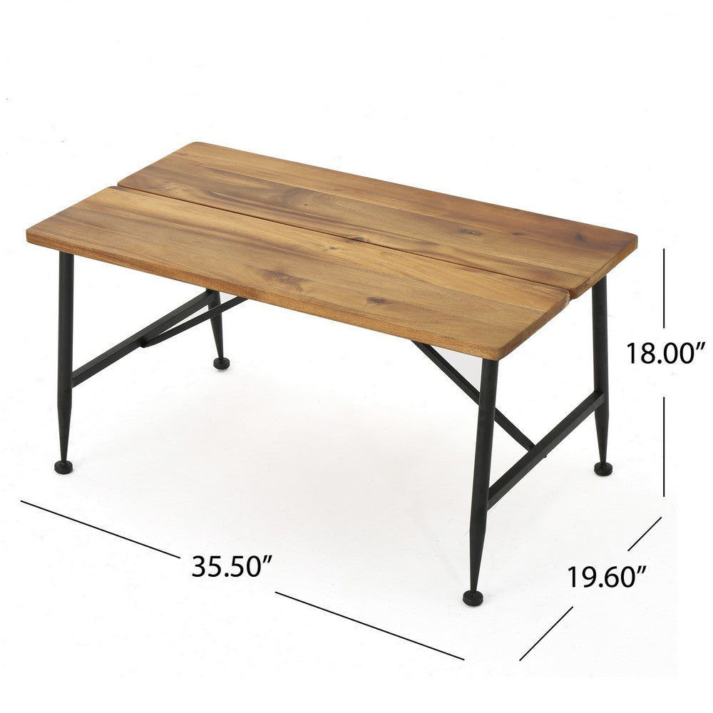 Cala Outdoor Coffee Table, 36 Inch Brown Acacia Wood, Black Metal - BM323896