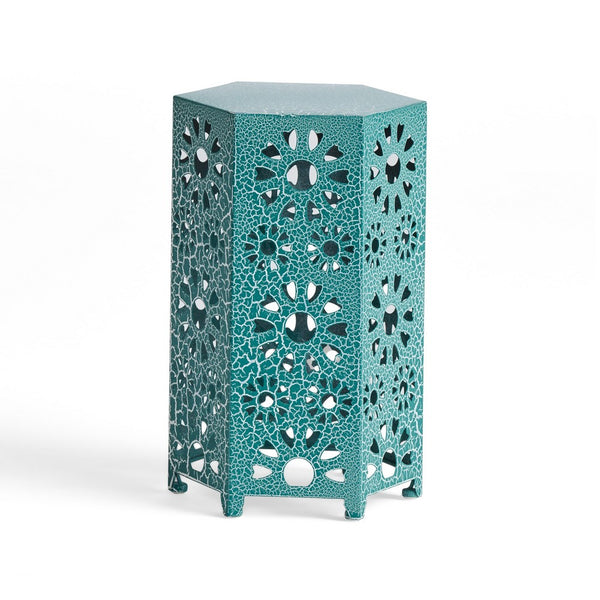 Liana Outdoor Side End Table, Flower Cutout, 12 Inch Top, Teal Blue - BM323897