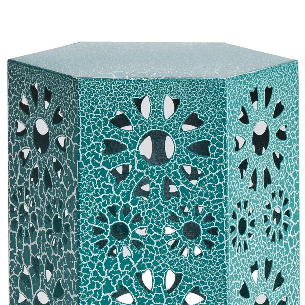 Liana Outdoor Side End Table, Flower Cutout, 12 Inch Top, Teal Blue - BM323897