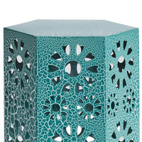 Liana Outdoor Side End Table, Flower Cutout, 12 Inch Top, Teal Blue - BM323897