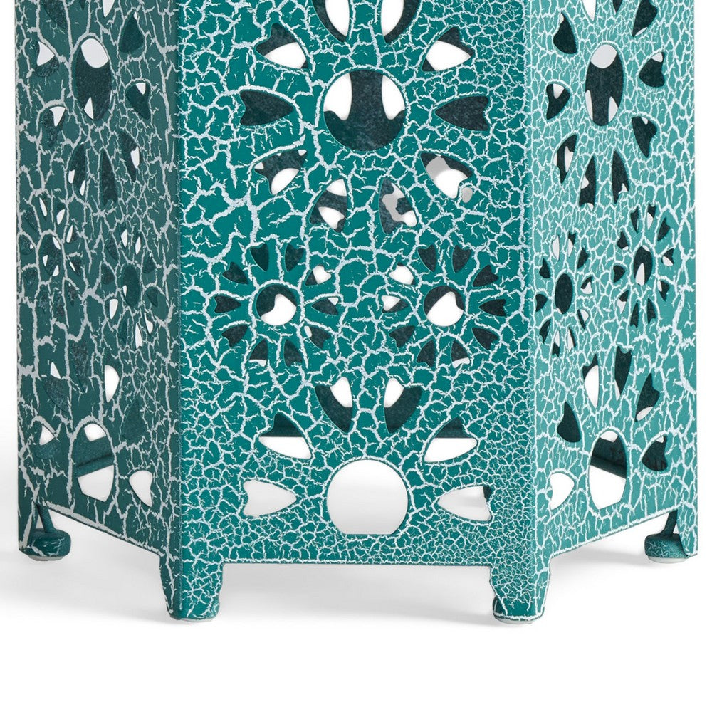 Liana Outdoor Side End Table, Flower Cutout, 12 Inch Top, Teal Blue - BM323897