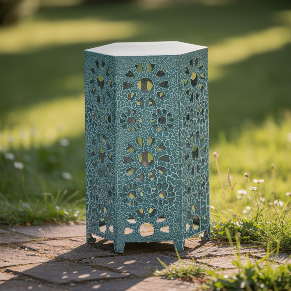 Liana Outdoor Side End Table, Flower Cutout, 12 Inch Top, Teal Blue - BM323897