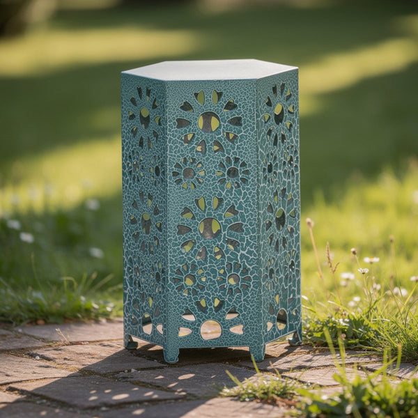 Liana Outdoor Side End Table, Flower Cutout, 12 Inch Top, Teal Blue - BM323897