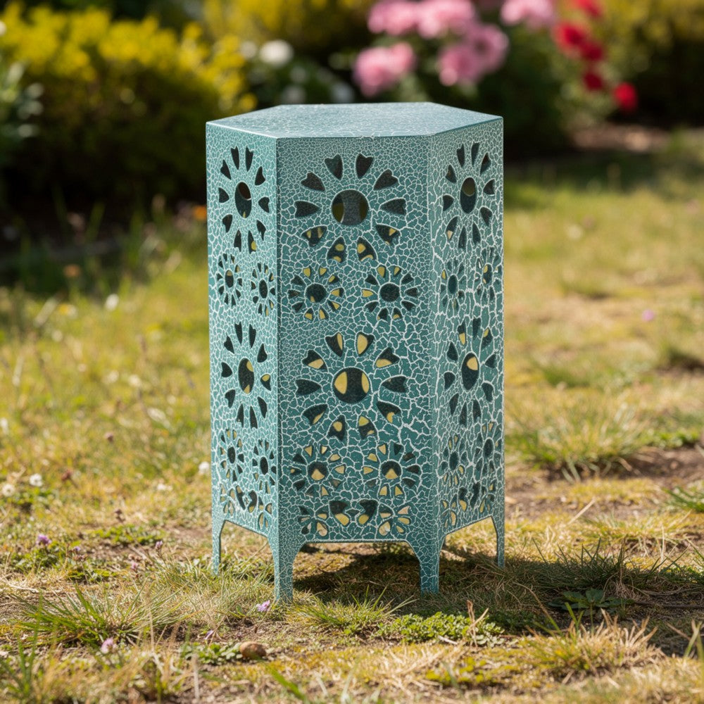 Liana Outdoor Side End Table, Flower Cutout, 12 Inch Top, Teal Blue - BM323897