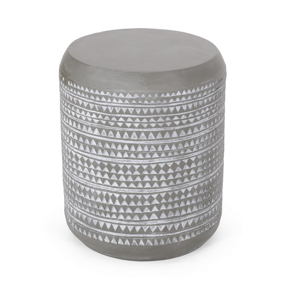 Outdoor End Table, 16 Inch Round Gray Faux Concrete w White Pattern - BM323898