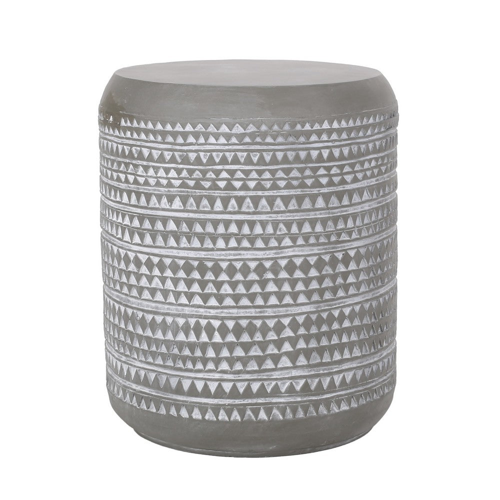 Outdoor End Table, 16 Inch Round Gray Faux Concrete w White Pattern - BM323898