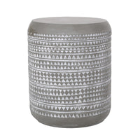 Outdoor End Table, 16 Inch Round Gray Faux Concrete w White Pattern - BM323898