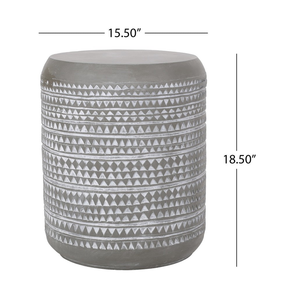 Outdoor End Table, 16 Inch Round Gray Faux Concrete w White Pattern - BM323898