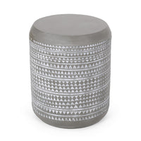 Outdoor End Table, 16 Inch Round Gray Faux Concrete w White Pattern - BM323898