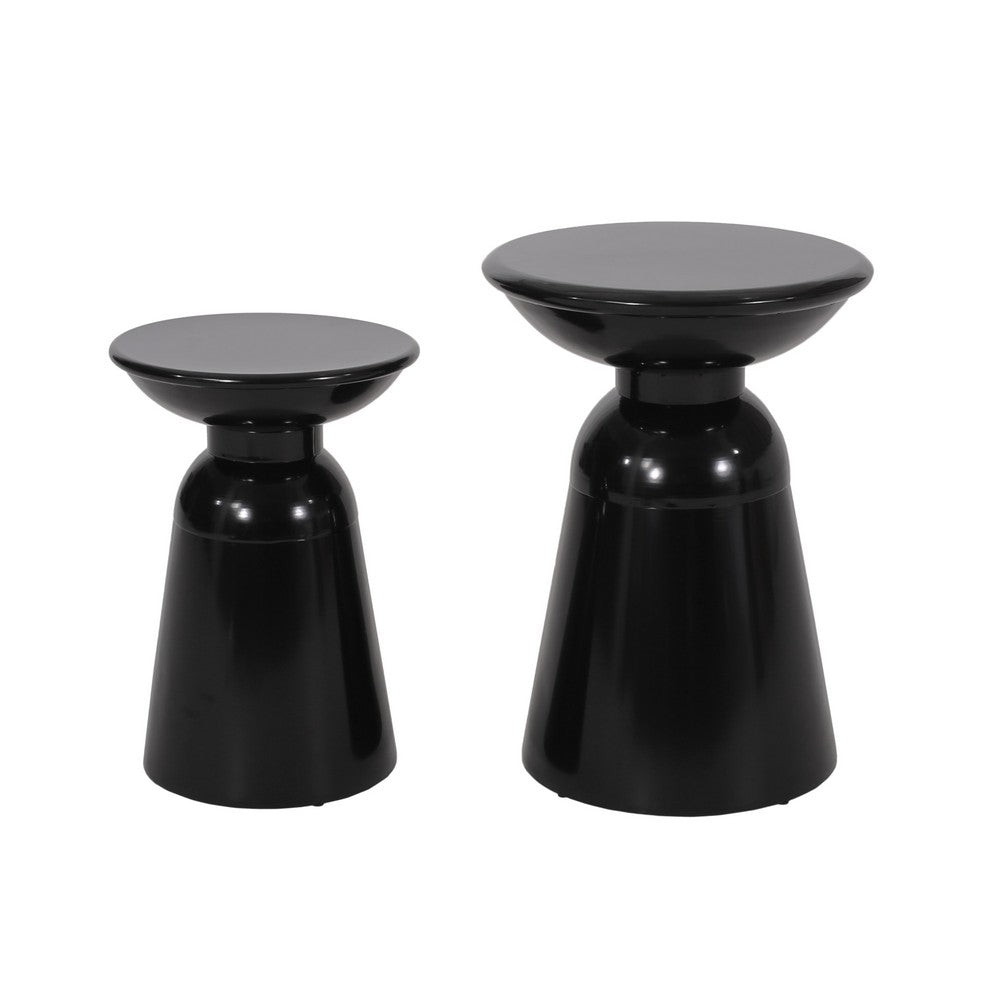 Side End Table Set of 2, Round Taper Top, Pedestal Base, Black Metal - BM323904