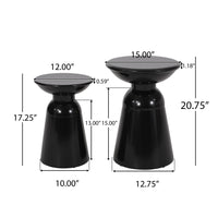 Side End Table Set of 2, Round Taper Top, Pedestal Base, Black Metal - BM323904