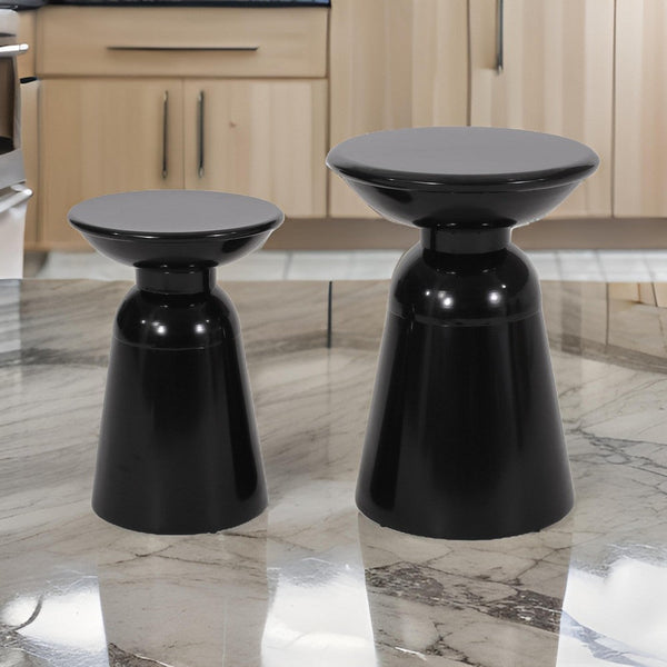 Side End Table Set of 2, Round Taper Top, Pedestal Base, Black Metal - BM323904