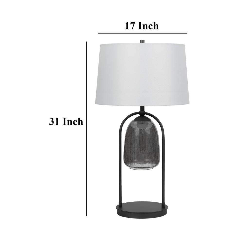 31 Inch Table Lamp, Crackled Black Glass w Night Light, White Shade -BM323938