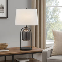 31 Inch Table Lamp, Crackled Black Glass w Night Light, White Shade -BM323938