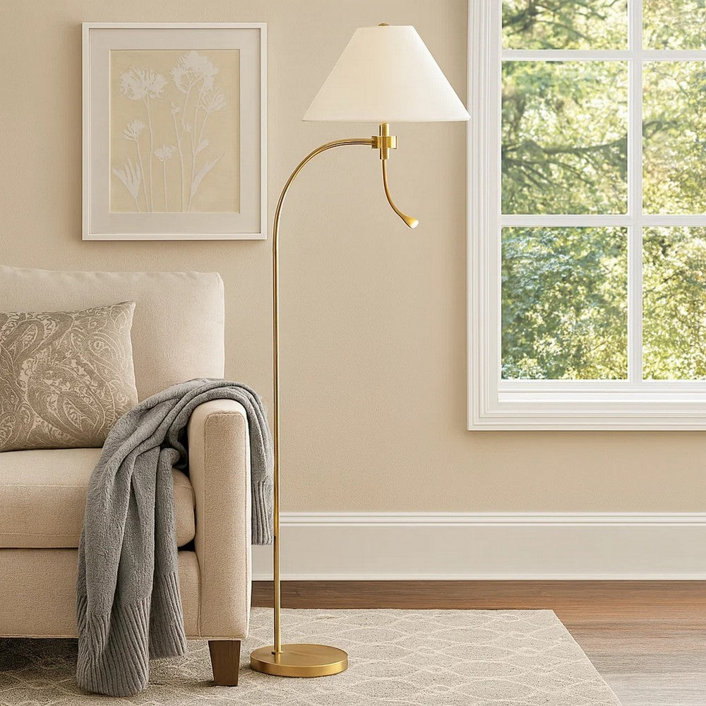 Ashy 68 Inch Task Floor Lamp, Gooseneck LED, White Shade Gold Arc Pole -BM323943