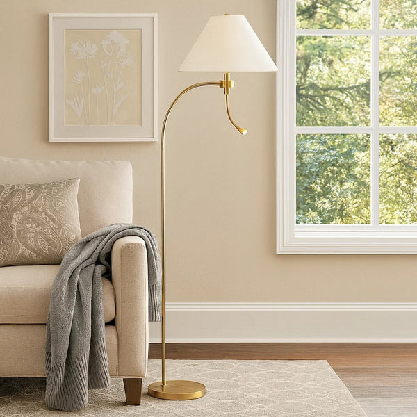 Ashy 68 Inch Task Floor Lamp, Gooseneck LED, White Shade Gold Arc Pole -BM323943