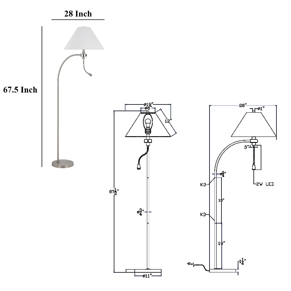 Ashy 68 Inch Floor Lamp, Gooseneck LED, White Shade, Bright Silver Arc Pole -BM323944