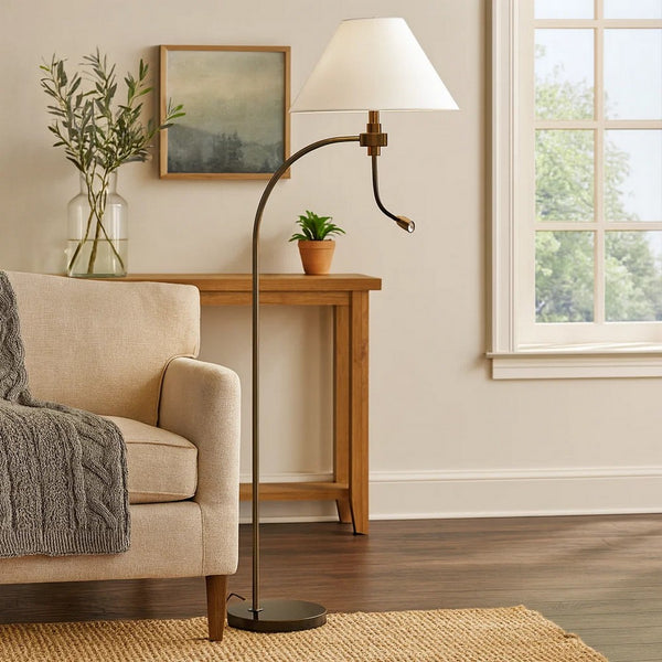 Ashy 68 Inch Floor Lamp, Gooseneck LED, White Shade, Brass Arc Pole -BM323945