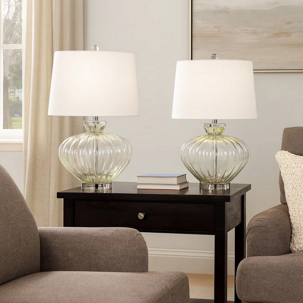 23 Inch Table Lamp Set of 2, Round Crystal Base, White Fabric Shade -BM323955
