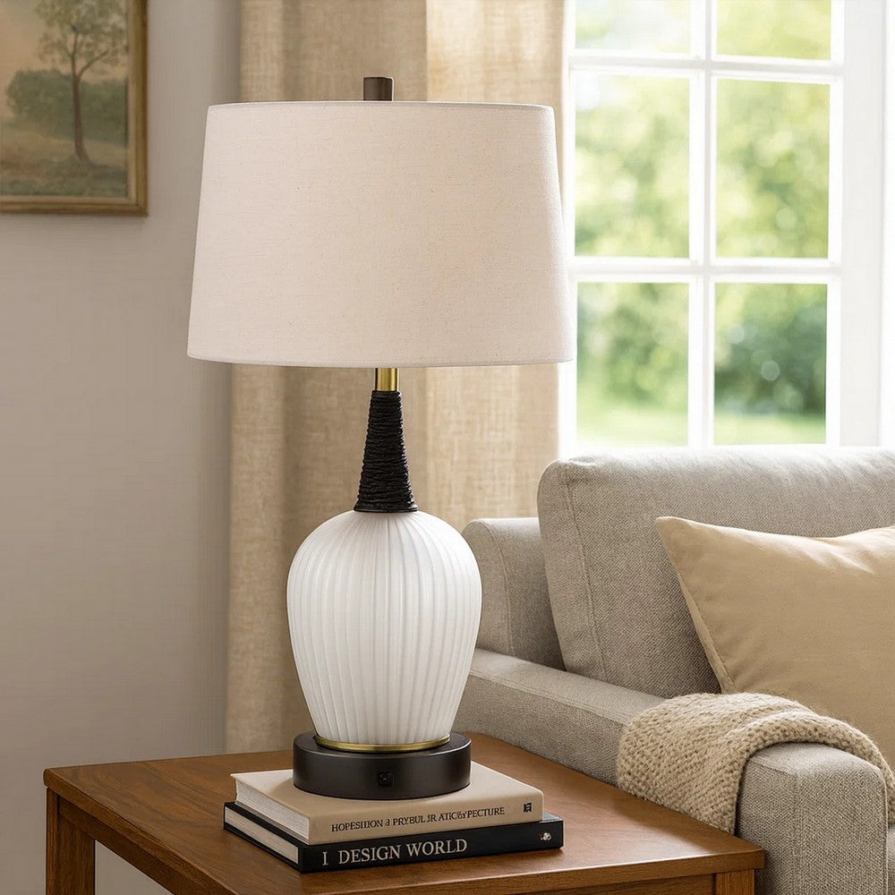 Wenu 29 Inch Table Lamp, Accent Frosted Glass Base, White Fabric Shade -BM323956