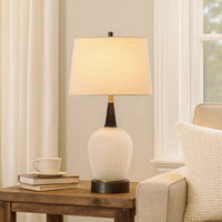 Wenu 29 Inch Table Lamp, Accent Frosted Glass Base, White Fabric Shade -BM323956