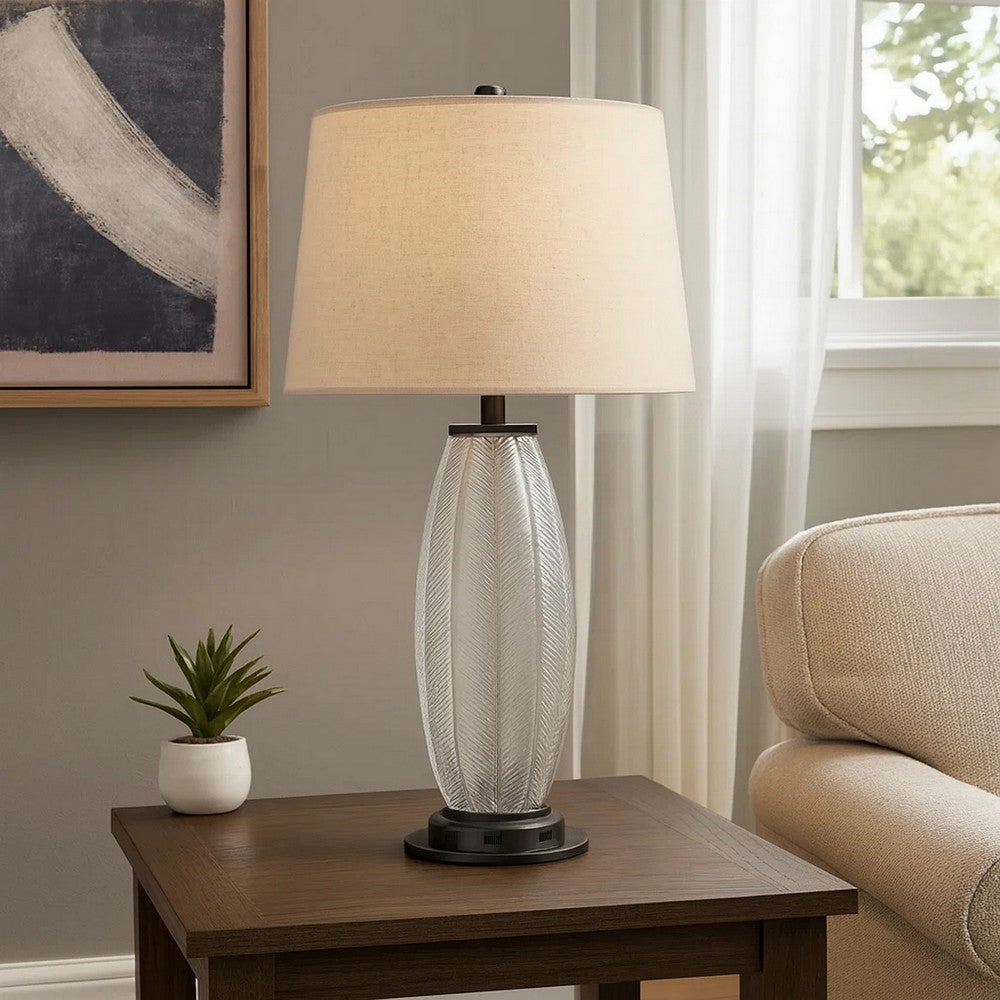 Leno 32 Inch Table Lamp, Leaf Pattern Clear Glass Base, Beige Shade -BM323957