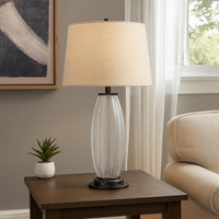 Leno 32 Inch Table Lamp, Leaf Pattern Clear Glass Base, Beige Shade -BM323957