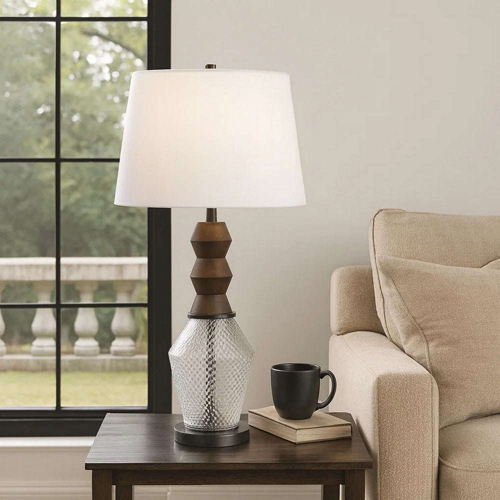 Hay 33 Inch Table Lamp, Diamond Pattern Glass Base, White Fabric Shade -BM323958
