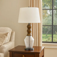 Hay 33 Inch Table Lamp, Diamond Pattern Glass Base, White Fabric Shade -BM323958