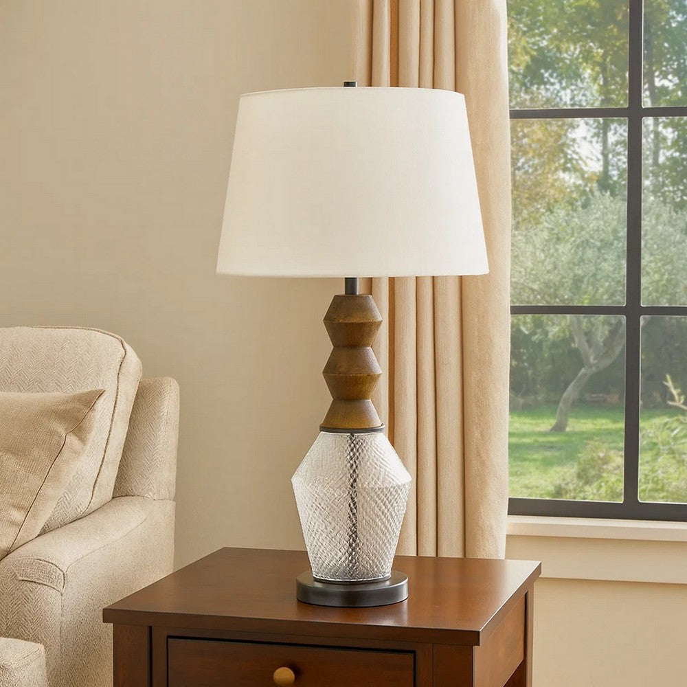 Hay 33 Inch Table Lamp, Diamond Pattern Glass Base, White Fabric Shade -BM323958