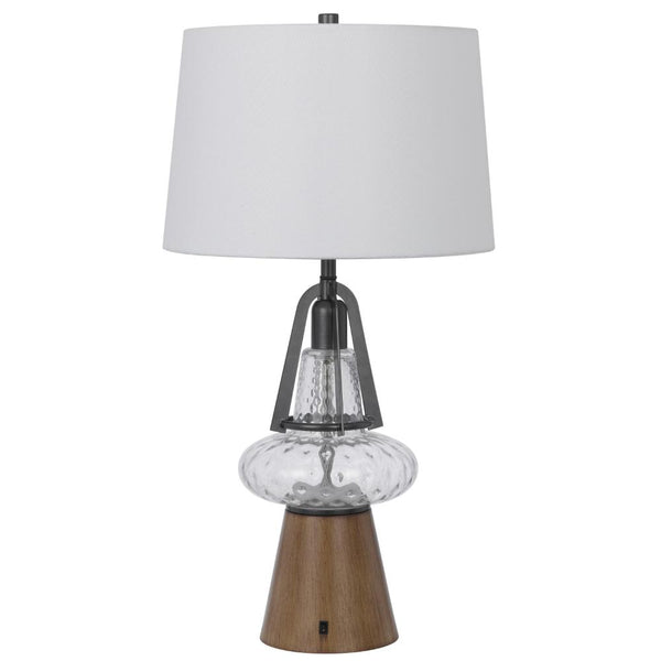 Leya 30 Inch Table Lamp, Lantern Style Glass Base, White Fabric Shade -BM323959