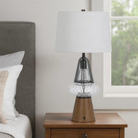 Leya 30 Inch Table Lamp, Lantern Style Glass Base, White Fabric Shade -BM323959