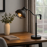 Loga 27 Inch Desk Lamp w Adjustable Cage Style Shade, Black Iron -BM323961