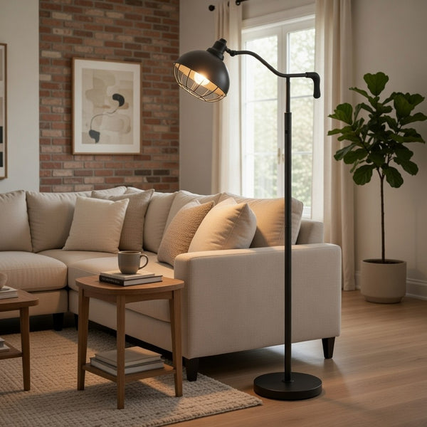 Loga 56 Inch Floor Lamp with Adjustable Cage Style Shade, Black Iron -BM323962