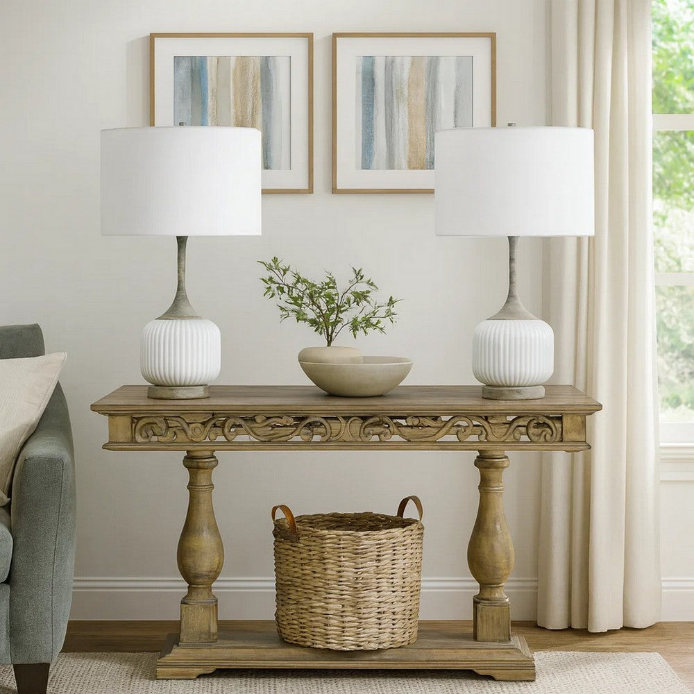 Myra Table Lamp Set of 2, Fluted Accent Glass Base, White Fabric Shade -BM323963