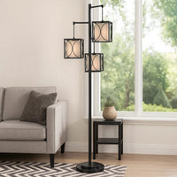 Lany 73 Inch Floor Lamp, 3 Hanging Lantern Style Shades, Black Iron -BM323964
