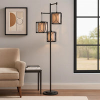 Lany 73 Inch Floor Lamp, 3 Hanging Lantern Style Shades, Black Iron -BM323964